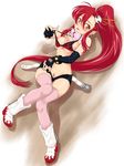  artist_request bikini_top blush breasts elbow_gloves gloves large_breasts long_hair nipple_slip nipples ponytail pubic_hair red_hair short_shorts shorts solo tengen_toppa_gurren_lagann thighhighs tongue undressing yellow_eyes yoko_littner 