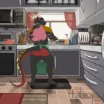  2020 anthro apron apron_only backsack balls butt clothing detailed_background dragon flaccid genitals hi_res horn hythrojin inside kitchen male markings mostly_nude muscular muscular_anthro muscular_male penis perineum rear_view scalie solo standing window 