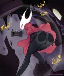  2021 absurd_res anthro anus arthropod biped black_body blush bottomless breasts butt captured clothed clothing collector_(hollow_knight) delicioussoup digital_media_(artwork) english_text fecharis female female_focus genitals hi_res hollow_knight hornet_(hollow_knight) insect pussy solo_focus team_cherry text vessel_(species) video_games 