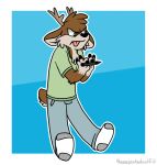 anthro antlers blue_background blue_bottomwear blue_clothing blue_pants bottomwear brown_body brown_fur cervid clothing darwin_(tinydeerguy) footwear fur green_clothing green_shirt green_topwear hi_res horn male mammal pants pen shirt signature simple_background socks solo t-shirt tan_body tan_fur tinydeerguy tongue tongue_out topwear white_clothing white_footwear white_socks 