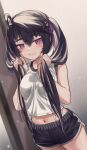  1girl absurdres ahoge bangs bare_arms bare_shoulders black_hair black_shorts blurry blurry_background blush breasts commentary cowboy_shot dutch_angle grin hair_between_eyes hair_ribbon highres holding holding_hair long_hair looking_at_viewer medium_breasts midriff navel original purple_eyes purple_ribbon revision ribbon shiny shiny_hair shirt short_shorts shorts sleeveless sleeveless_shirt smile solo stomach thighs torriet twintails white_shirt 