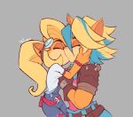  2021 activision anthro bandicoot blonde_hair clothing coco_bandicoot conniesky3 crash_bandicoot_(series) duo eyes_closed eyewear female female/female goggles goggles_on_head grey_background hair hi_res jacket kissing mammal marsupial multicolored_hair pirate_tawna simple_background tawna_bandicoot topwear video_games 