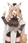  1girl :d animal_ear_fluff animal_ears arknights bangs belt black_headwear black_legwear blonde_hair blue_eyes breasts buchi_k018 cape commentary_request cowboy_shot garrison_cap hair_ribbon hand_on_hip hand_up hat horse_ears horse_girl horse_tail index_finger_raised long_hair long_sleeves looking_at_viewer open_mouth ribbon short_eyebrows smile solo standing tail thighhighs thighs whislash_(arknights) white_cape 