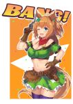  1girl ;d animal_ears bangs bare_shoulders belt blue_eyes blush breasts brown_belt brown_gloves brown_hair cleavage commentary_request cowboy_hat cowboy_shot crop_top eyebrows_visible_through_hair gloves green_shirt green_skirt gun hair_ornament hand_on_hip hat hat_on_back highres holding holding_gun holding_weapon holster horse_ears horse_girl horse_tail medium_breasts medium_hair midriff navel off-shoulder_shirt off_shoulder one_eye_closed onomatopoeia open_mouth ponytail purple_legwear red_scarf revolver scarf shirt short_sleeves sidelocks skirt smile solo star_(symbol) star_hair_ornament stomach taiki_shuttle_(umamusume) tail teeth thighhighs umamusume upper_teeth vococo weapon 
