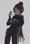  1girl apex_legends belt black_belt black_bodysuit black_hair black_scarf blush bodysuit bracer clenched_hand gloves grey_eyes grey_gloves hair_behind_ear hair_between_eyes hair_bun leaning_to_the_side nose_piercing piercing scarf solo stack_(sack_b7) wraith_(apex_legends) 