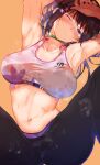  1girl 3; arito_arayuru armpits arms_up bare_arms bare_shoulders black_hair black_pants blue_archive breasts choker collarbone crop_top green_choker hair_ornament highres large_breasts long_hair looking_at_viewer midriff navel one_eye_closed orange_background pants ponytail purple_eyes simple_background sleeveless solo sports_bra stomach sumire_(blue_archive) sweat track_pants 