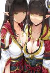  2girls asymmetrical_docking bangs black_hair blunt_bangs breast_press breasts cleavage closed_mouth eyebrows_visible_through_hair hair_ornament hews highres hinoa japanese_clothes jewelry kimono large_breasts long_hair long_sleeves looking_at_viewer minoto mole mole_on_breast monster_hunter_(series) monster_hunter_rise multiple_girls necklace obi pointy_ears sash siblings sidelocks sisters smile white_background white_kimono wide_sleeves yellow_eyes 