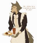  2021 anthro beastars beverage canid canine canis cliomet clothed clothing crossdressing cup cutlery dialogue egg english_text food hi_res holding_object kitchen_utensils legoshi_(beastars) looking_at_viewer maid_uniform male mammal meme platter simple_background solo spoon standing straw talking_to_viewer text tools uniform url waiter white_background wolf working 