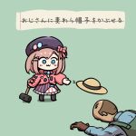  1boy 1girl :3 anger_vein apron bangs beret black_footwear blue_eyes blue_shirt blush bow brooch brown_hair cardigan fur_hat hair_ornament hammer hat jewelry long_sleeves nijisanji pink_cardigan pongari shirt skirt striped striped_bow striped_neckwear striped_skirt sun_hat suzuhara_lulu sweater swept_bangs translation_request untitled_goose_game white_shirt x_hair_ornament 