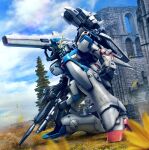  clenched_hand cloud green_eyes gun gundam highres hiropon_(tasogare_no_puu) holding holding_gun holding_weapon kneeling mecha mobile_suit one_knee photo_background ruins science science_fiction shoulder_cannon sky solo v_gundam victory_gundam weapon 