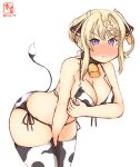  1girl alternate_costume animal_ears animal_print artist_logo bikini blonde_hair blush braid braided_bun breasts cleavage commentary_request covering covering_breasts covering_crotch cow_ears cow_horns cow_print cow_tail cowboy_shot dated ear_tag embarrassed highres horns kanon_(kurogane_knights) kantai_collection large_breasts leaning_forward long_hair looking_at_viewer nose_blush one-hour_drawing_challenge perth_(kancolle) side-tie_bikini simple_background solo swimsuit tail thighhighs white_background white_bikini white_legwear 