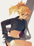  1girl artist_name bangs belt black_belt black_gloves black_jacket blonde_hair braid collared_shirt commentary_request cropped_shirt fate/apocrypha fate_(series) glasses gloves grin hair_ornament hair_scrunchie highres holding_strap jacket long_hair looking_at_viewer meiji_ken midriff mordred_(fate) mordred_(fate)_(all) navel open_clothes open_jacket ponytail red_scrunchie scrunchie shirt shorts sidelocks smile solo 