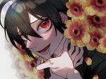  1boy bangs black_hair black_jacket blurry blurry_background commentary_request danganronpa_(series) danganronpa_v3:_killing_harmony flower flower_request hair_between_eyes hand_on_own_throat hands_up jacket looking_at_viewer male_focus niwatori_panda open_mouth red_eyes red_flower saihara_shuuichi saliva short_hair solo striped striped_jacket sweat teeth tongue yellow_flower 