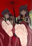  bare_legs barefoot eyeshadow feet foot_focus hinoa long_hair long_toes looking_at_viewer makeup minoto monster_hunter_(series) monster_hunter_rise no_shoes nush_advance pointy_ears red_eyeshadow siblings sisters sitting smile soles toes twins 