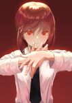  1girl black_neckwear brown_hair chainsaw_man closed_mouth collared_shirt commentary_request hands_together hands_up highres light_smile long_hair long_sleeves looking_at_viewer makima_(chainsaw_man) mimikaki_(men_bow) necktie own_hands_together red_background red_eyes ringed_eyes shirt solo upper_body white_shirt 