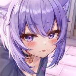  1girl :3 animal_ear_fluff animal_ears bangs blush breasts buckle cat_ears cleavage close-up closed_mouth collar collarbone deaver eyebrows_visible_through_hair highres hololive indoors looking_at_viewer medium_breasts nekomata_okayu purple_eyes purple_hair short_hair smile solo virtual_youtuber wooden_floor 