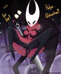  &lt;3 2021 absurd_res ambiguous_gender anthro arthropod biped black_body blush bottomless breast_grab breasts clothed clothing collector_(hollow_knight) delicioussoup digital_media_(artwork) duo fecharis female female/ambiguous genitals hand_on_breast hi_res hollow_knight hornet_(hollow_knight) insect nipple_outline pussy spread_legs spreading team_cherry text vessel_(species) video_games weapon 