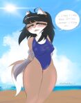  absurd_res anthro badlandsdrws beach blush blush_lines clothing cloud domestic_cat felid feline felis female first_person_view hi_res looking_at_viewer mammal nipple_outline one-piece_swimsuit sea seaside solo swimwear undressing water 
