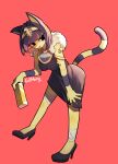  1girl absurdres animal_crossing animal_ears ankha_(animal_crossing) armlet artist_name bandaged_leg bandages bangs bare_shoulders bent_over black_dress black_eyes black_footwear blonde_hair blue_hair blunt_bangs body_fur breasts cat_ears cat_girl cat_tail commentary dress english_commentary full_body fur_collar furry gilmang gold gold_bar hair_ornament hairband hand_up high_heels highres holding leaning_forward legs_apart looking_to_the_side medium_breasts multicolored_hair open_mouth red_background shoes short_hair sidelocks signature simple_background sleeveless sleeveless_dress snake_hair_ornament solo standing tail two-tone_hair yellow_fur yellow_hairband 