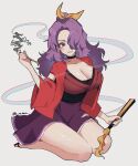  1girl :d bangs black_footwear blowing_smoke breasts cleavage detached_sleeves full_body grey_background hair_over_one_eye hair_ribbon highres holding holding_pipe kiseru komakusa_sannyo kuroshirase large_breasts long_hair looking_at_viewer open_mouth pipe purple_hair red_eyes red_vest ribbon seiza simple_background sitting skirt smile solo tobacco torn_clothes torn_skirt touhou twitter_username vest wide_sleeves yellow_ribbon 