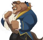  2021 accessory anthro beast_(disney) beauty_and_the_beast bulge clothed clothing disney hair_accessory hair_bow hair_ribbon horn hyaku_(artist) male monster muscular muscular_anthro muscular_male ribbons side_view simple_background solo standing white_background 