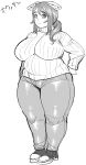  1girl animal_ears breasts commentary curvy denim fat highres huge_breasts jeans looking_at_viewer monochrome original pants pig_ears plump ponytail ribbed_sweater simple_background solo sweater synecdoche translation_request white_background 