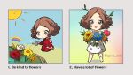  1girl artist_name chibi curly_hair english_text flower goro_orb highres okumura_haru persona persona_5 short_hair smile watering watering_can 