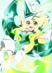  1girl absurdres akatsuki_kirika blonde_hair blush breasts covered_navel elbow_gloves gloves glowing glowing_hair gradient_hair green_eyes green_hair green_leotard highres kanaden leotard long_hair medium_breasts multicolored_hair open_mouth senki_zesshou_symphogear shiny shiny_hair shiny_skin smile striped striped_legwear thighhighs 