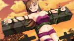  1girl animal_ears armpits bandeau bangs bare_shoulders bell blush bound breasts brown_eyes brown_hair choker cleavage cloud collarbone commentary cosplay cowboy_shot cross crucifixion dusk eyebrows_visible_through_hair groin hair_between_eyes head_tilt kantai_collection large_breasts long_hair looking_at_viewer mew_zakuro mew_zakuro_(cosplay) midriff mixed-language_commentary navel neck_bell nose_blush ooi_(kancolle) open_mouth orange_sky outdoors outstretched_arms purple_choker purple_shorts restrained short_shorts shorts sidelocks sky solo spread_arms stationary_restraints sweat tail thigh_strap tied_up tokyo_mew_mew tree upper_teeth wolf_ears wolf_tail yasume_yukito 