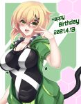  1girl akatsuki_kirika blonde_hair blush breasts dated green_eyes green_hoodie hair_ornament happy_birthday highres hood hoodie large_breasts looking_at_viewer open_clothes open_hoodie open_mouth senki_zesshou_symphogear seshiro_(which501) shiny shiny_hair shiny_skin short_hair smile solo v v_over_eye x_hair_ornament 