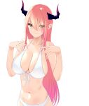  1girl absurdres bikini breasts demon_girl green_eyes highres horns large_breasts long_hair marui_koishi navel original pink_hair pointy_ears simple_background smile solo swimsuit very_long_hair white_background white_bikini 