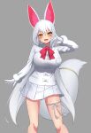  1girl :d absurdres animal_ears bangs blush breasts deku_suke extra_ears eyebrows_visible_through_hair fang fox_ears fox_girl fox_shadow_puppet fox_tail fur-trimmed_sleeves fur_trim gloves grey_background highres kemono_friends large_breasts large_tail long_hair long_sleeves looking_away oinari-sama_(kemono_friends) open_mouth pleated_skirt shirt simple_background skirt smile solo tail thigh_strap very_long_hair white_gloves white_hair white_shirt white_skirt yellow_eyes 