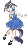  1girl bare_shoulders black_footwear black_hair blonde_hair blowhole blue_dress blue_eyes blue_hair bow bowtie commentary_request common_dolphin_(kemono_friends) dolphin_girl dolphin_tail dorsal_fin dress eyebrows_visible_through_hair frilled_dress frills full_body highres kemono_friends mary_janes multicolored_hair pleated_dress sailor_dress shoes short_hair sleeveless solo suicchonsuisui white_hair yellow_neckwear 
