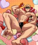  1boy abs bara biceps bite_mark black_male_underwear boku_no_hero_academia briefs bulge doughnut eating eye_mask fatgum feet food food_on_body food_on_face jimsdaydreams large_pectorals latex macaron male_focus male_underwear muscular muscular_male navel nipples pectorals short_hair soles solo spread_legs stomach strawberry_shortcake thick_thighs thighs underwear underwear_only valentine 