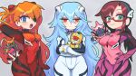  3girls :3 adjusting_hair ayanami_rei blue_eyes blue_hair bodysuit chibi covered_navel eva_00 eva_02 eva_08 evangelion:_3.0+1.0_thrice_upon_a_time eyepatch gashi-gashi glasses green_eyes highres long_hair looking_at_viewer makinami_mari_illustrious multiple_girls neon_genesis_evangelion plugsuit rebuild_of_evangelion red_eyes souryuu_asuka_langley spoilers twintails very_long_hair 