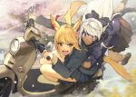  2girls animal_ears arms_around_waist au_ra blonde_hair blue_eyes brown_eyes cat_ears cat_tail dark_skin dark_skinned_female dragon_tail driving fang final_fantasy final_fantasy_xiv ground_vehicle hide_(hideout) horns miqo&#039;te moped motor_vehicle multiple_girls open_mouth pleated_skirt riding scared school_uniform silver_hair skirt slit_pupils smile tail tearing_up whisker_markings 