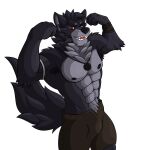  abs amulet anthro armband armpit_tuft black_body black_fur black_nipples black_nose bottomwear canid canine canis chest_tuft clothed clothing eye_scar facial_scar fangs far_beyond_the_world_(series) flexing flexing_arm flexing_bicep flexing_muscles fur hi_res male mammal multicolored_body multicolored_fur muscular muscular_anthro muscular_male neck_tuft nipples partially_clothed pubic_trail quickk red_eyes scar shorts showing_teeth solo tuft two_tone_body two_tone_fur video_games visual_novel vulgor_(far_beyond_the_world) wolf 