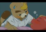  animal_crossing anthro beaver bed bedding blanket blonde_hair blue_eyes blush c.j._(animal_crossing) chameleon clothing duo flick_(animal_crossing) freckles furniture hair hi_res hitsuzi_taro11 hoodie horn lizard male male/male mammal nintendo red_body red_scales reptile rodent scales scalie sleeping topwear video_games 