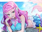  1girl aqua_eyes blue_sky bracelet breasts cloud commentary_request dakuryuu day head_fins highres jewelry laura_(precure) long_hair lying medium_breasts mermaid midriff monster_girl on_stomach open_mouth pink_hair precure signature sky smile solo tropical-rouge!_precure 
