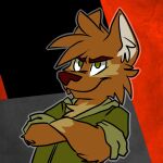  anthro black_background brown_body brown_fur brown_nose canid canine canis clothing crossed_arms detailed_background domestic_dog fur green_eyes green_sweatshirt grey_background hi_res hoodie male mammal matt_riskely red_background simple_background smile solo tinydeerguy topwear 