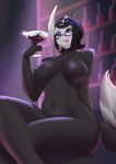  absol absurd_res alcohol anthro bar beverage black_body black_hair black_nipples breasts cloudy cocktail detailed_background digital_media_(artwork) eyewear female fur glasses hair hi_res nintendo nipples pok&eacute;mon pok&eacute;mon_(species) simple_background smile solo thick_thighs tongue tongue_out video_games zanzagen 