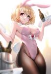  1girl animal_ears blonde_hair blurry bottle breasts brown_eyes bunny_ears bunny_tail covered_navel cowboy_shot cup depth_of_field detached_collar djeeta_(granblue_fantasy) drinking_glass fishnet_legwear fishnets granblue_fantasy highleg highleg_leotard highres leotard medium_breasts pantyhose picter pink_leotard playboy_bunny short_hair solo strapless strapless_leotard tail white_background wine_glass 