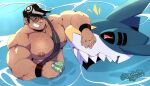  big_pecs black_hair blue_body body_hair clothed clothing duo eyes_closed eyewear glasses hair human kokuhane male mammal muscular muscular_male nintendo nipples partially_submerged pecs pok&eacute;_puff pok&eacute;mon pok&eacute;mon_(species) sharp_teeth sharpedo smile teeth topless video_games water 