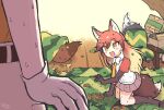  1boy 3girls all_fours animal_ears black_gloves black_legwear blush bow bowtie brown_hair carpet commentary_request elbow_gloves extra_ears eyebrows_visible_through_hair ezo_red_fox_(kemono_friends) fox_ears fox_girl fox_tail gloves hiding kemono_friends kemono_friends_3 kitsunetsuki_itsuki long_hair multicolored_hair multiple_girls necktie orange_eyes orange_neckwear red_fox_(kemono_friends) red_hair red_shirt shirt shoes_removed short_sleeves silver_fox_(kemono_friends) socks sweatdrop tail two-tone_shirt white_gloves white_neckwear white_shirt 