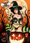  1girl bare_shoulders black_choker black_hair black_headwear black_panties breasts bustier choker cleavage english_text green_belt green_eyes green_legwear green_lips halloween halloween_costume hand_up hat hat_belt jack-o&#039;-lantern kim_possible kugayama_cannon large_breasts long_hair looking_at_viewer moon orange_sky outdoors panties shego sitting sky solo speech_bubble strapless striped striped_legwear thighhighs tree trick_or_treat underwear witch_hat 