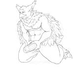  absurd_res anthro avian beak bird feathers genitals hi_res jakethegoat kneeling male masturbation monochrome muscular muscular_anthro muscular_male nude owl penetrable_sex_toy penis sex_toy solo translucent transparent_sex_toy 