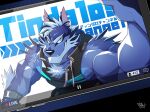  anthro biceps blue_body blue_fur canid canine canis fur hi_res japanese_text male mammal muscular muscular_anthro muscular_male sleeveless_hoodie solo streaming takemoto_arashi text tindalos_(tas) tokyo_afterschool_summoners video_games wolf 