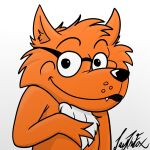  1:1 absurd_res anthro black_nose canid canine chest_tuft eyebrows eyewear fox fur glasses hi_res inner_ear_fluff jay_(jaythefox333) looking_at_viewer male mammal orange_body orange_fur signiture simple_background smile solo teeth_showing tuft white_body white_fur zooptoon 