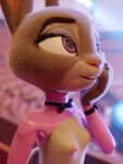  3:4 3d_(artwork) anthro breasts butterfly_(accessory) casual_nudity clothing digital_media_(artwork) disney female fur hi_res judy_hopps lagomorph leporid looking_away mammal multicolored_body nipple_piercing nipple_ring nipples piercing pink_nipples pink_nose pochemu rabbit rubber small_breasts solo topwear translucent two_tone_body uniform zootopia 