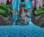  2021 anthro big_breasts biped breasts chubby_female detailed_background dragon eyes_closed featureless_breasts female goldiescales navel nude outside rock solo water waterfall waterfall_shower 